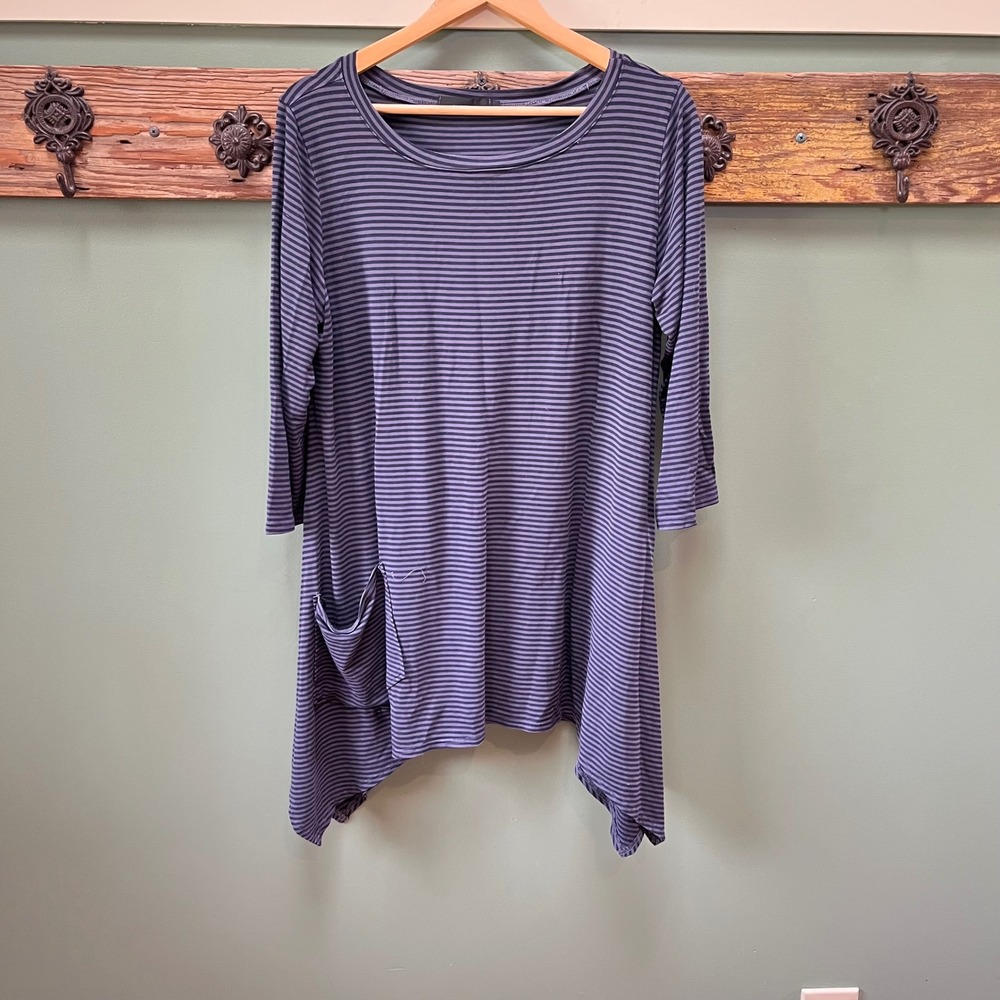 Cut Loose Striped Sharkbite Hem Tunic Top Gray Blue 3/4 Sleeve Small
